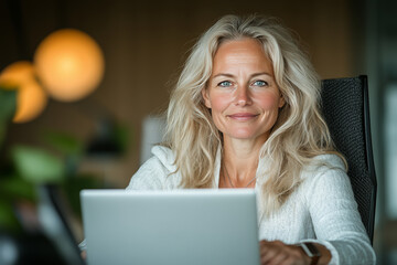 Professional middle-aged businesswoman working on a laptop, modern office. Generative AI