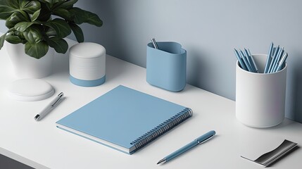 Branded notebook and pen mockup on a minimalist desk, sleek and professional look  