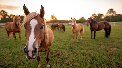 Fototapeta premium A beautiful scene showcasing a group of horses in a lush green field during sunset, capturing the essence of freedom, grace, and connection with nature in a pastoral setting.