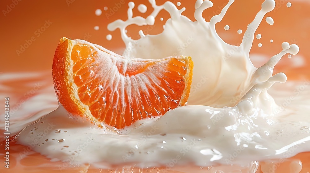 Poster a vibrant orange mandarin segment splashing into creamy white liquid, creating a dynamic, refreshing
