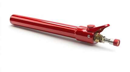 Red hydraulic cylinder, isolated on white background, industrial tool