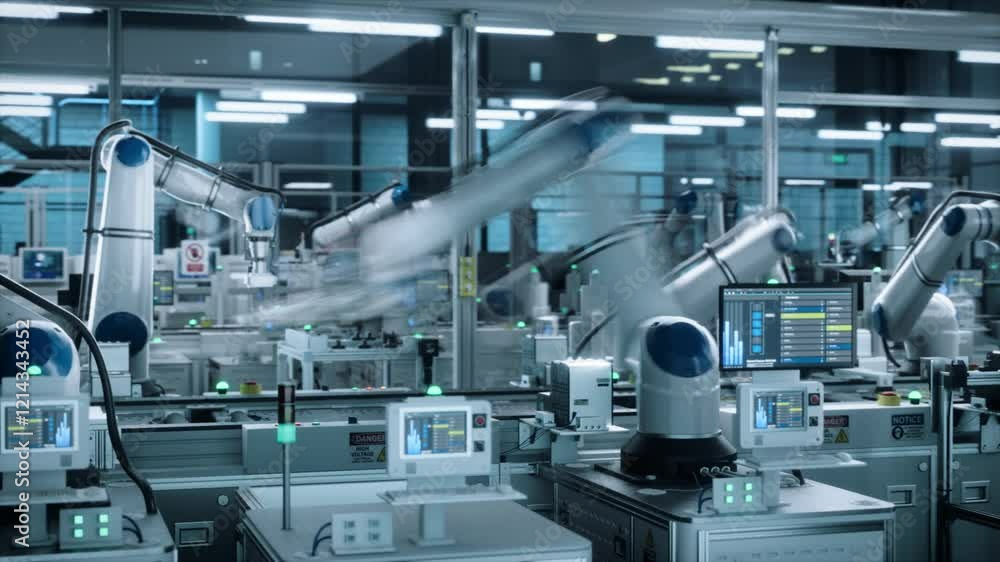 Poster timelapse footage with robotic arms producing electronic circuit boards for ai training clusters in 