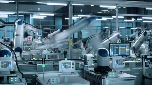Timelapse Footage with Robotic Arms Producing Electronic Circuit Boards for AI Training Clusters in Data Centers. Robotics Facility Producing Complex Electronic Components