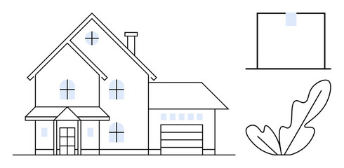 Simple house with pitched roofs, adjacent garage, rectangular window, and leaf. Ideal for architecture, real estate, home decor, construction, residential design property investment sustainability