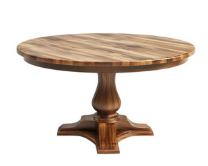 Round wooden dining table with polished surface and elegant pedestal base, perfect for dining rooms or kitchens, adding touch of sophistication to any space
