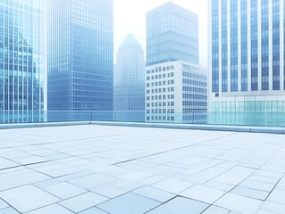 Fototapeta premium Empty rooftop plaza overlooking hazy cityscape.