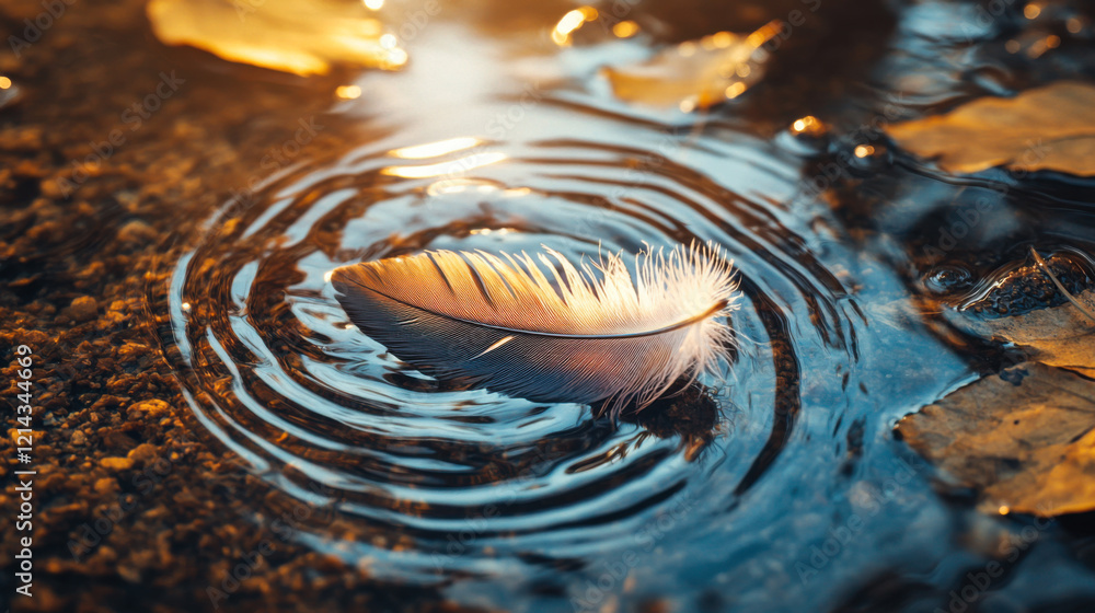 Poster feather floating on water with ripples from gentle disturbance in a serene natural setting