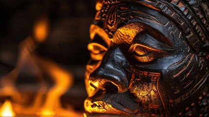 Obraz premium Carved mask, fire background, ancient culture, ritual. Use History, art, travel