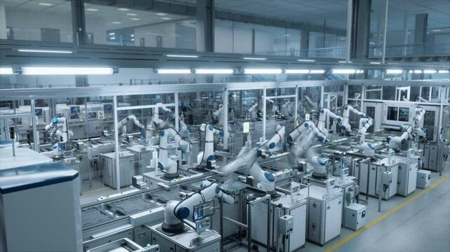Timelapse Footage of a Robotic Arms Assembling Electronic Components on a Factory Conveyor, Working with Automation in Electronics Manufacturing. Technological Microelectronics Fabrication Industry