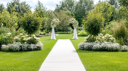Obraz premium Outdoor wedding ceremony aisle, garden setting, floral arch, green lawn. Use wedding invitation