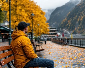 Scenic autumn stroll contemplating nature by the tranquil lake