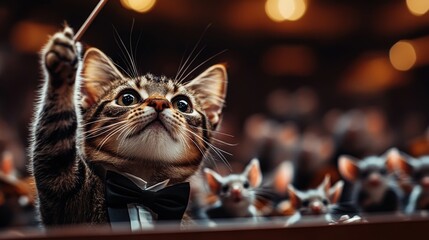 An adorable cat dressed as a conductor leads an orchestra of mice in a fantastical concert, merging whimsy and creativity with a touch of humor and artistic flair in performance.