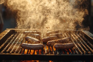 sizzling bratwurst on rustic grill grates, smoke tendrils rising, flames licking beneath, golden hour lighting