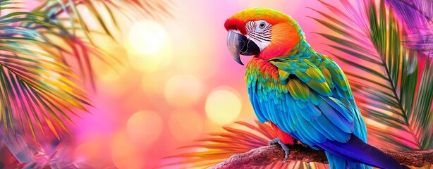 Fototapeta premium Vibrant Parrot Perched on Branch in Tropical Setting