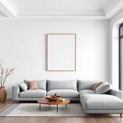 Frame mockup, ISO A paper size. Poster mockup on living room wall. Interior mockup with modern minimalist living room design. A bright, elegant space with a white sofa,