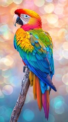 Obraz premium Colorful Parrot Perched on Branch with Vibrant Background