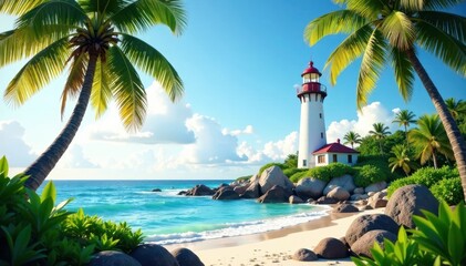 Tropical palm trees surrounding the lighthouse, forest, beach, island
