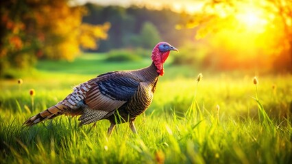 Obraz premium Happy Turkey Poultry Walking in Sunny Summer Farmland - Stock Photo
