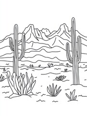 Desert Landscape Featuring Cacti and Mountain Range