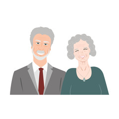 Happy senior couple sitting together. Elderly man and woman portrait. Vector isolated illustration.