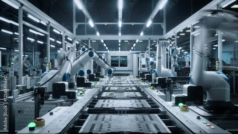 Poster innovative manufacturing factory with industrial robots producing circuit boards in a dark-lit autom