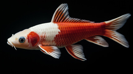 Baby koi fish are a combination of red and white around the body in the water on a dark background
