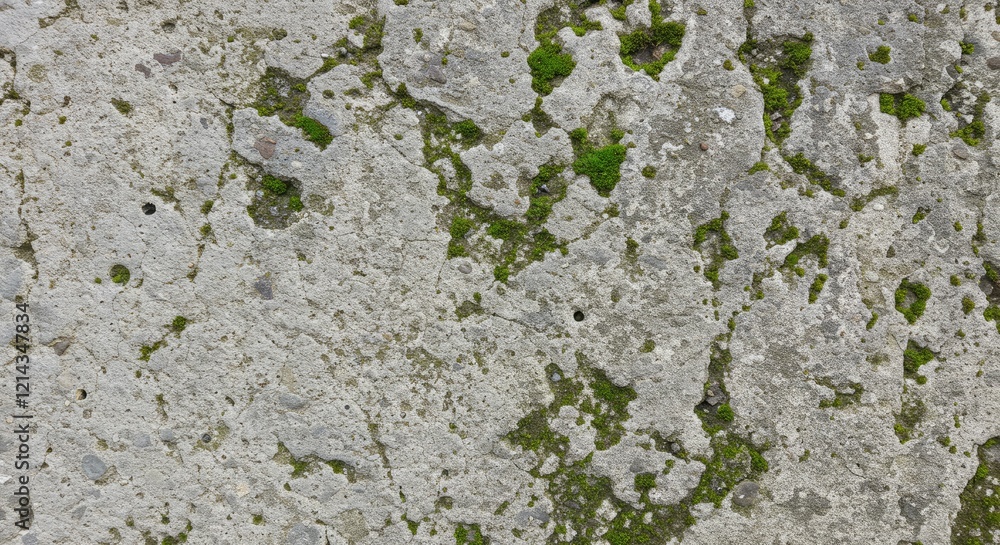 Poster concrete texture with green moss: a weathered concrete surface with a textured pattern and subtle cr