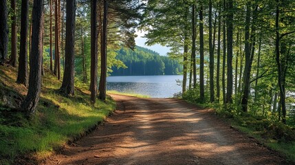 Obraz premium Forest path leads to tranquil lake, sunlit trees, peaceful nature scene, ideal for travel or nature publications