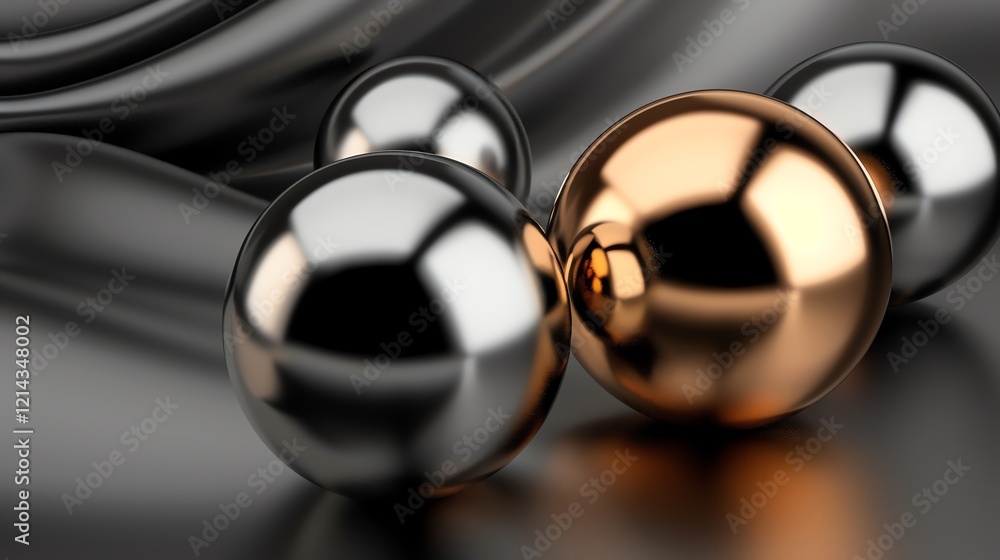 Poster a close-up of shiny spheres in silver and copper on a dark background, creating a minimal and reflec