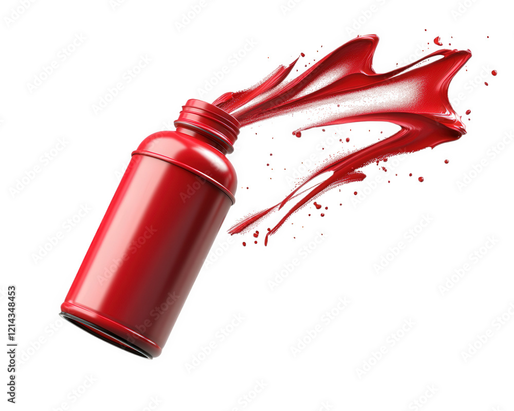 Poster red spray paint can is shown in action, with vibrant paint splashing out. this dynamic image capture