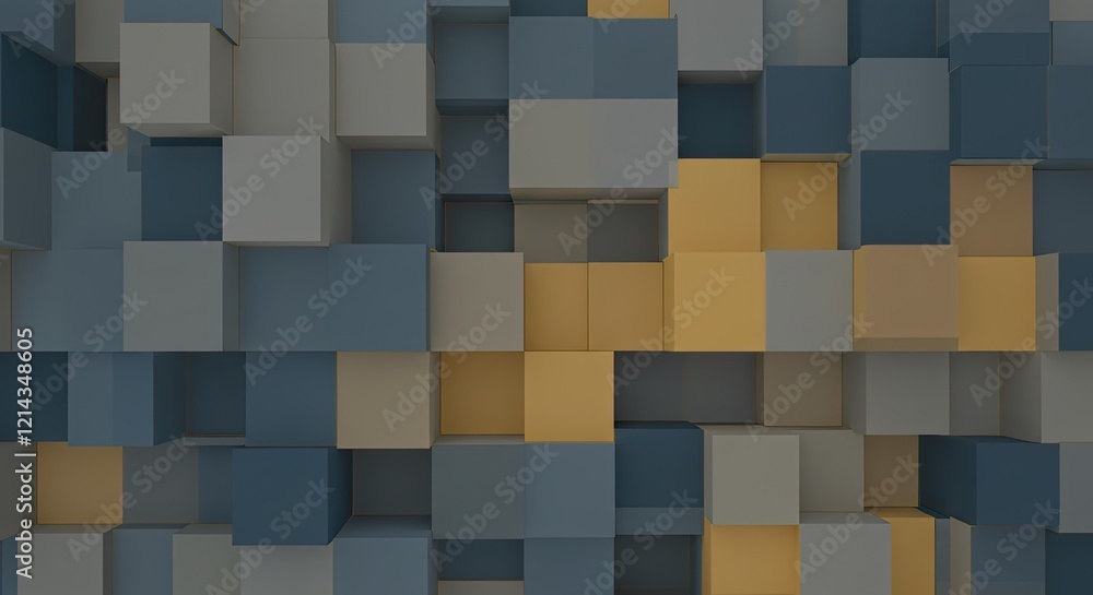 Poster abstract cube mosaic: a captivating arrangement of blue, gray, and gold cubes creates a dynamic and 