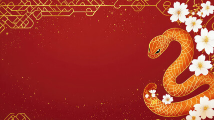 Obraz premium Japanese - Inspired New Year Card Red & Gold, Snake with Flowers, Watercolor Texture, Glowing for Festive Ambiance.