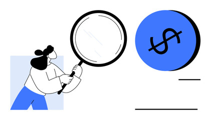 Person holding a magnifying glass towards a large dollar sign, emphasizing scrutiny. Ideal for financial analysis, budget planning, investment research, economic studies, market review, auditing