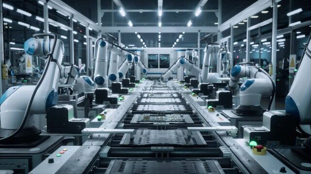 Advanced Microelectronics Manufacturing: AI Robotic Arms Assembling Circuit Boards on a Modern Production Line. Factory Floor is Automated. Robots Performing Mechanical Tasks with PCB Components