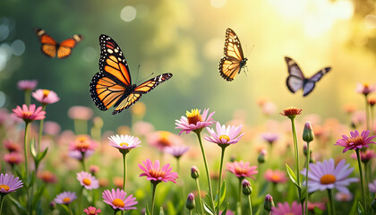 Obraz premium Butterflies flying over wildflowers, perfect for nature blogs and spring-themed greeting cards