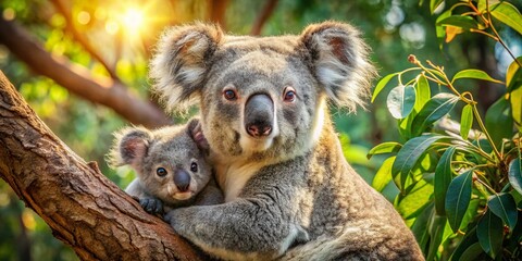 Fototapeta premium Heartwarming Koala and Cub in Native Australian Habitat: Peaceful Wildlife Scene