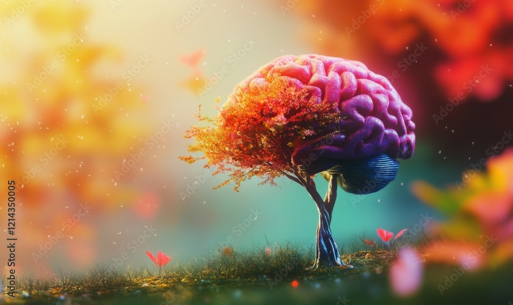 Poster colorful brain and tree with depth of field focus