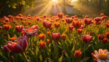 Fototapeta premium Vibrant tulip field at sunrise with dewdrops and golden light