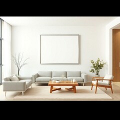 Frame mockup, ISO A paper size. Poster mockup on living room wall. Interior mockup with modern...