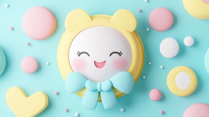Naklejka premium Happy cute cartoon face with bow, pastel colors.