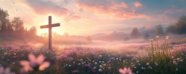 Easter morning sunrise illuminating a peaceful meadow with a wooden cross, blooming wildflowers, and a gentle mist