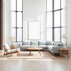 Frame mockup, ISO A paper size. Poster mockup on living room wall. Interior mockup with modern minimalist living room design. A bright, elegant space with a white sofa,