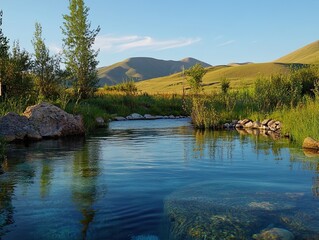 Obraz premium Calm mountain stream reflecting sunset, tranquil valley