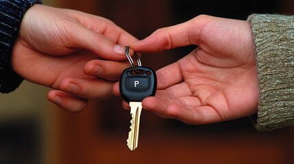 Close-up of a car key being exchanged between two hands, symbolizing a transaction or car rental, with a focus on the key and hands.