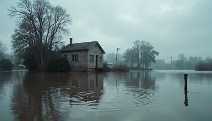 Fototapeta premium Flooded wooden house surrounded by trees on a foggy day
