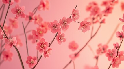 Delicate Pink Blossom Branches on Soft Pink Background.