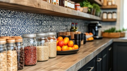 Fototapeta premium Chic pantry design featuring floating shelves and bold backsplash modern interior kitchen space cozy atmosphere aesthetic arrangement