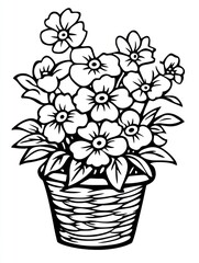 A potted arrangement of blooming flowers in a woven basket