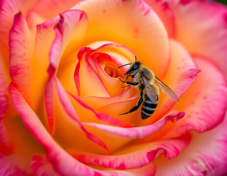 Honeybee on a vibrant pink and yellow rose