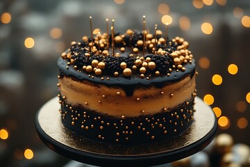 Elegant black and gold birthday cake with berries and candles.